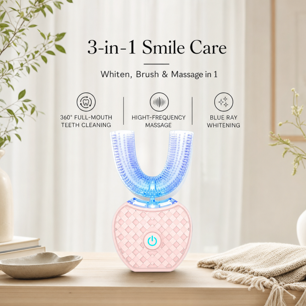 3-in-1 Smile Care: Blue-Light Teeth Whitener. Auto-Brush. Massager